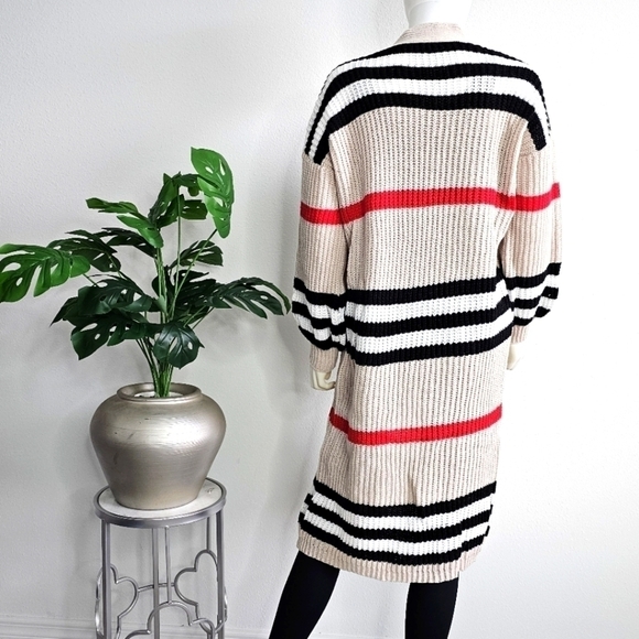 Cardigan Cable Knit Maxi Length Open Front Stripe Print Sweater - Picture 2 of 2